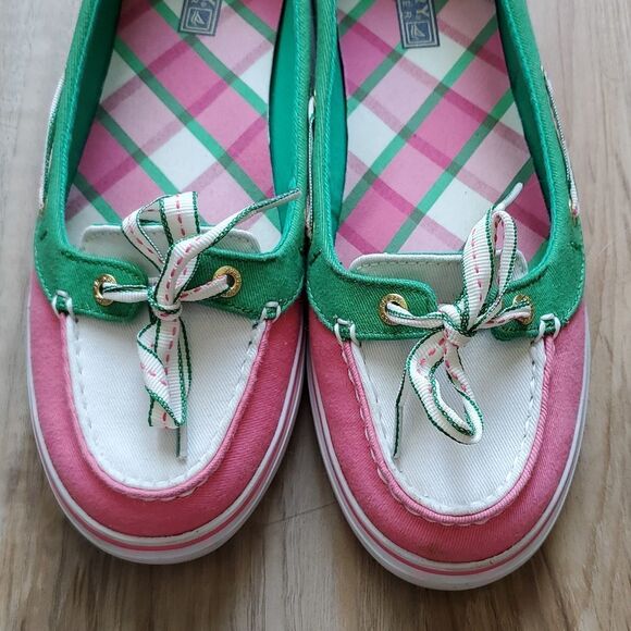 🩵Sperry "Hailey" Pink & Green Top Sider Slip-on Boat Shoes Size 8 - Picture 7 of 11
